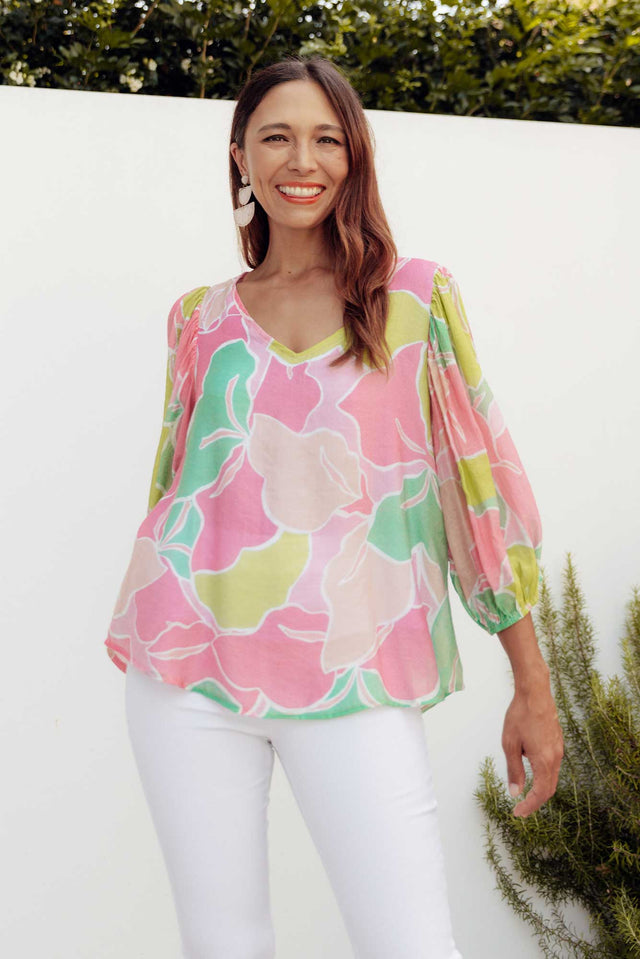 Misma Pink Floral V Neck Top,Brunette model,Lifestyle