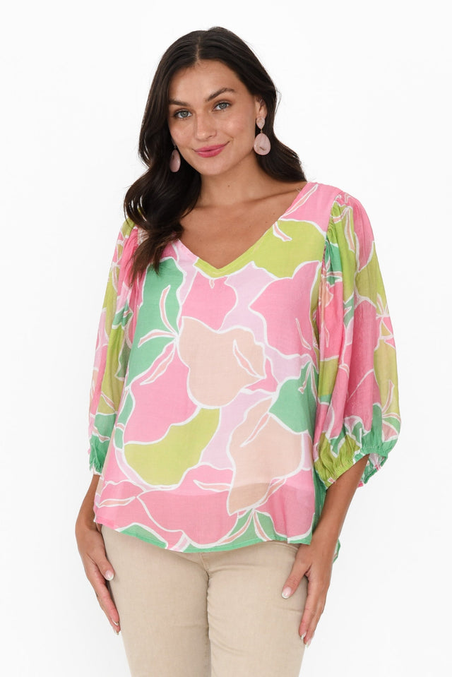 Misma Pink Floral V Neck Top,Brunette model,alt text|model:Brontie