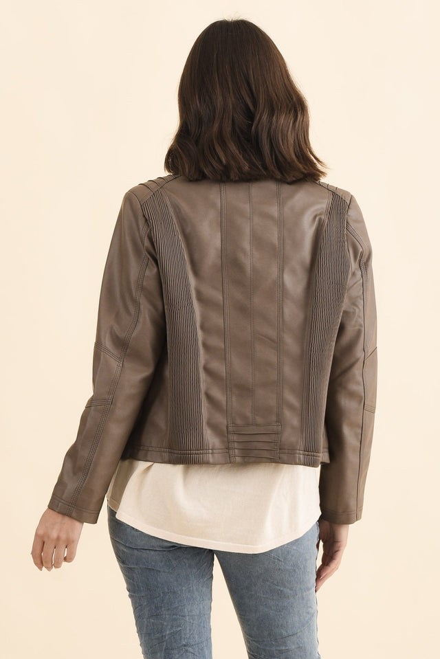 Mitchell Brown Faux Leather Biker Jacket,Brunette model,alt text|model:MJ image 5