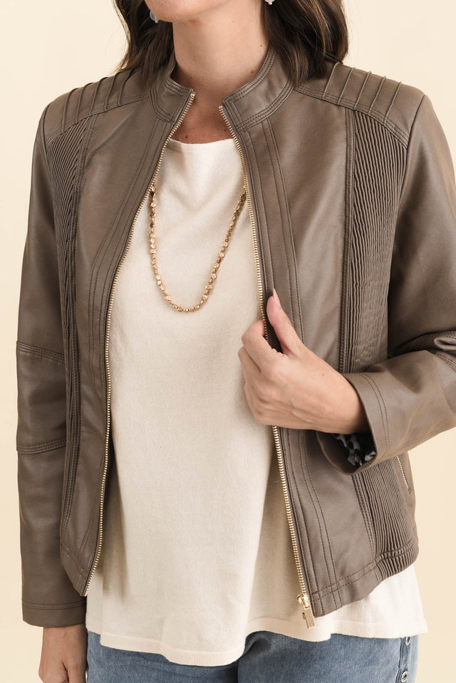 Mitchell Brown Faux Leather Biker Jacket,Brunette model,alt text|model:MJ image 6