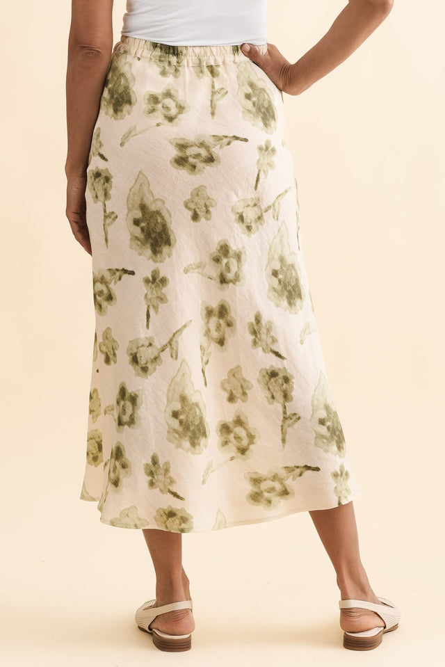 Modena Cream Floral Linen Midi Skirt,Brunette model,alt text|model:Cara image 5