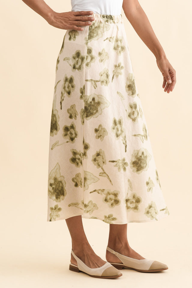 Modena Cream Floral Linen Midi Skirt,Brunette model,alt text|model:Cara image 4