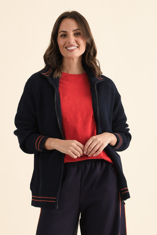 Modern Navy Zip Knit Jumper,brunette model,Front of Outfit,alt text|model:MJ