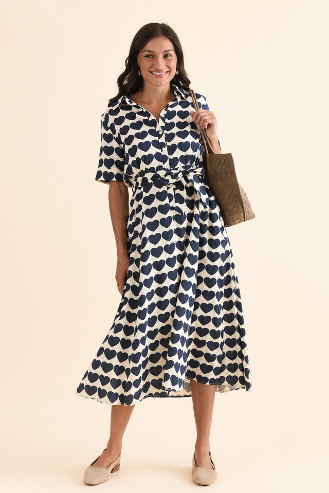 Molly Navy Heart Linen Shirt Dress,Front,Brunette model,alt text|model:Brontie image 1