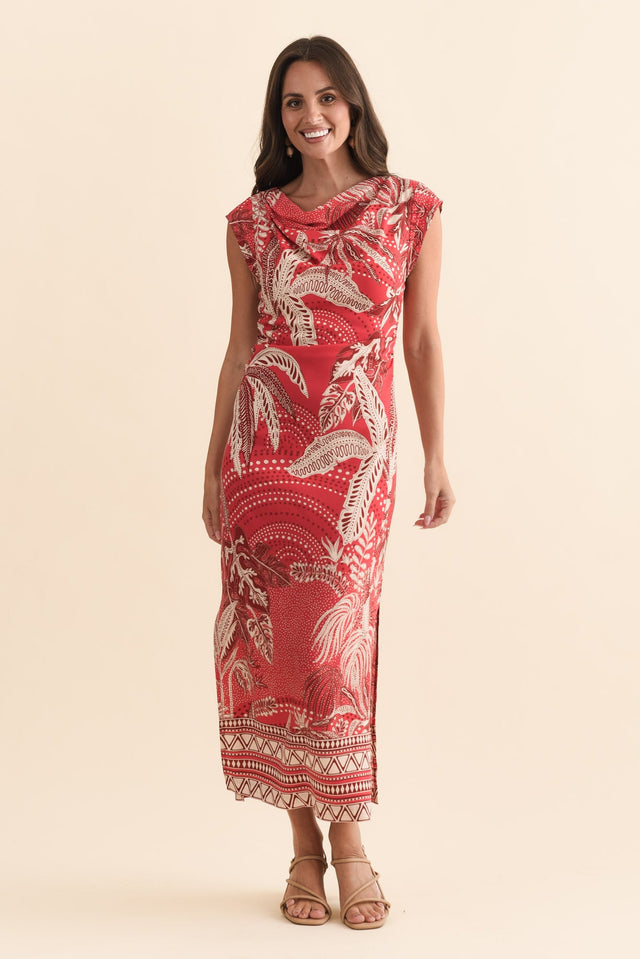Monique Red Palm Midi Dress,Brunette model,alt text|model:MJ image 3
