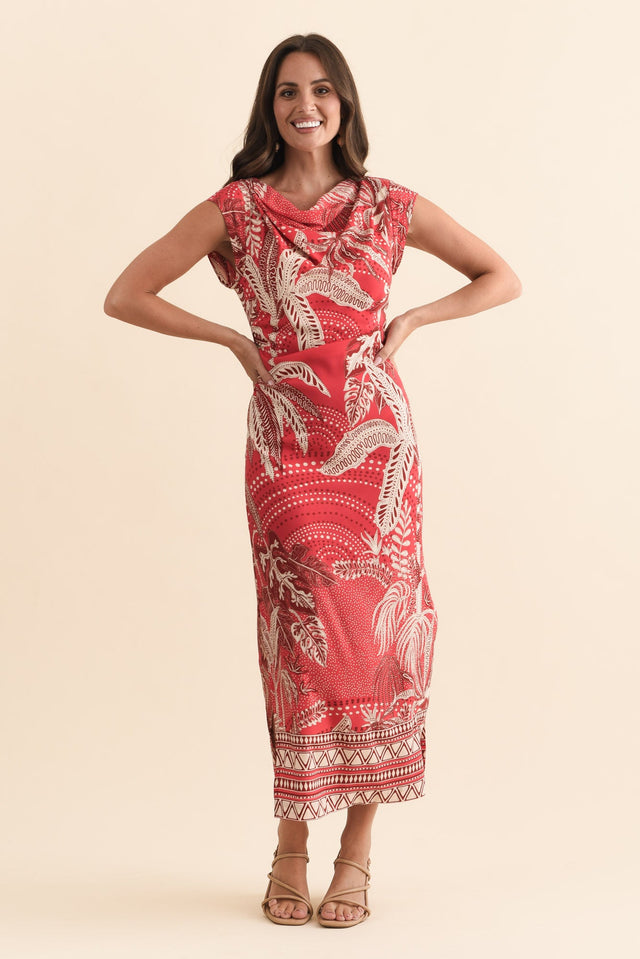Monique Red Palm Midi Dress,Brunette model,alt text|model:MJ image 7