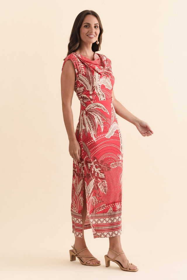 Monique Red Palm Midi Dress,Brunette model,alt text|model:MJ image 4