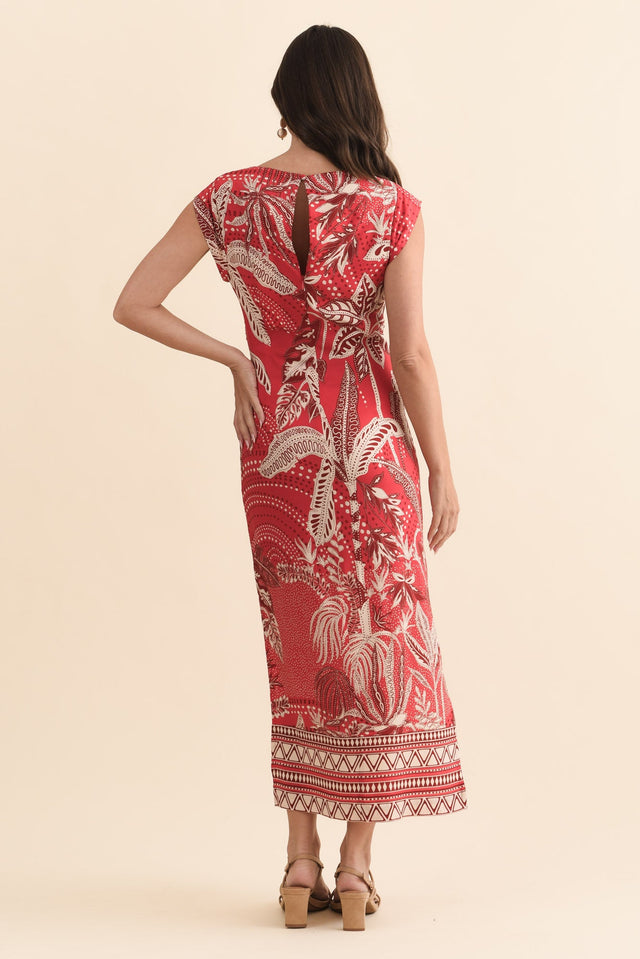 Monique Red Palm Midi Dress,Brunette model,alt text|model:MJ image 5