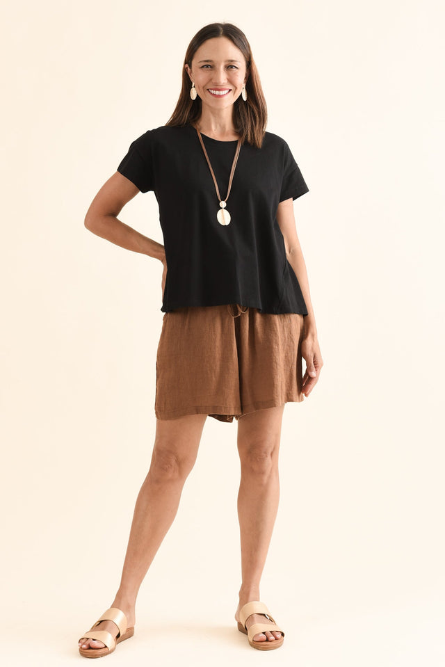 Monroe Black Cotton Pleated Tee,Full Body,Brunette model,alt text|model:Cara