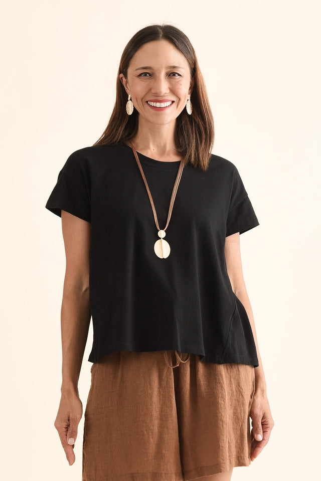 Monroe Black Cotton Pleated Tee,Front,Brunette model,alt text|model:Cara