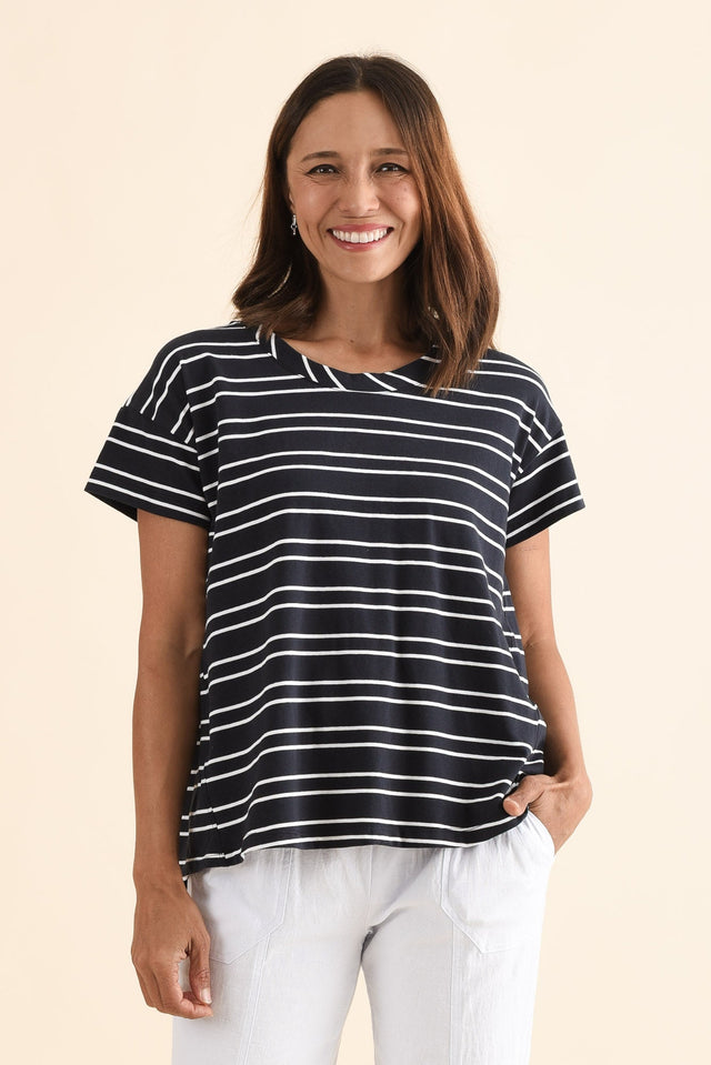 Monroe Navy Stripe Cotton Pleated Tee,Front,Brunette model,alt text|model:Cara