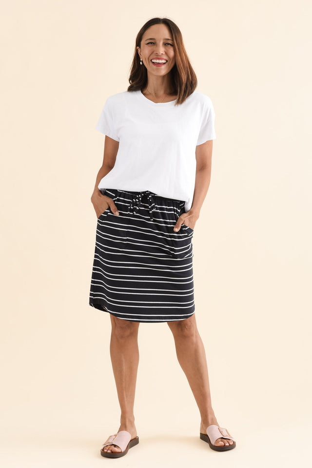 Navy Double Stripe Cotton Drawstring Skirt,Full Body,Brunette model,alt text|model:Cara image 6
