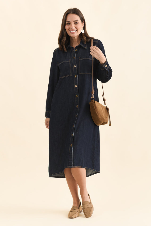 Montana Dark Blue Denim Shirt Dress,Front,Brunette model,alt text|model:MJ image 1
