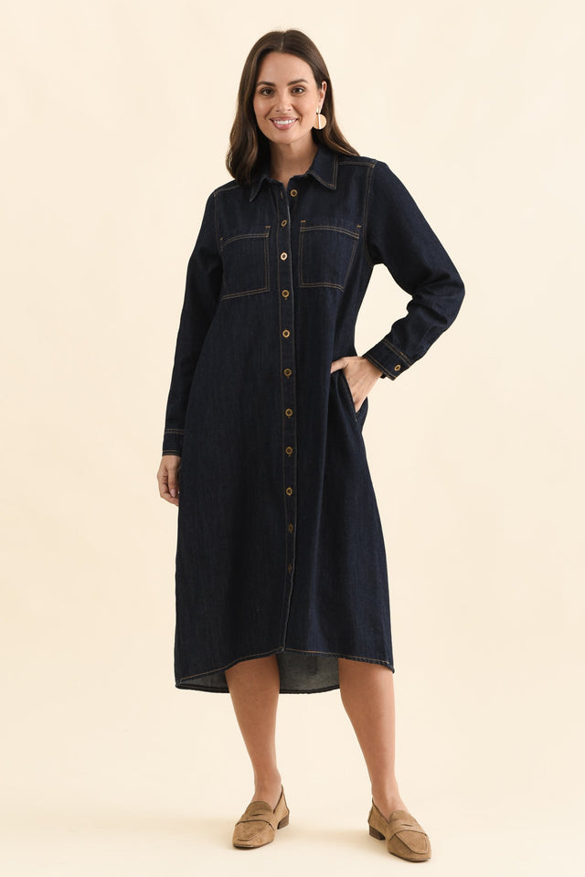 Montana Dark Blue Denim Shirt Dress,Full Body,Brunette model,alt text|model:MJ image 3