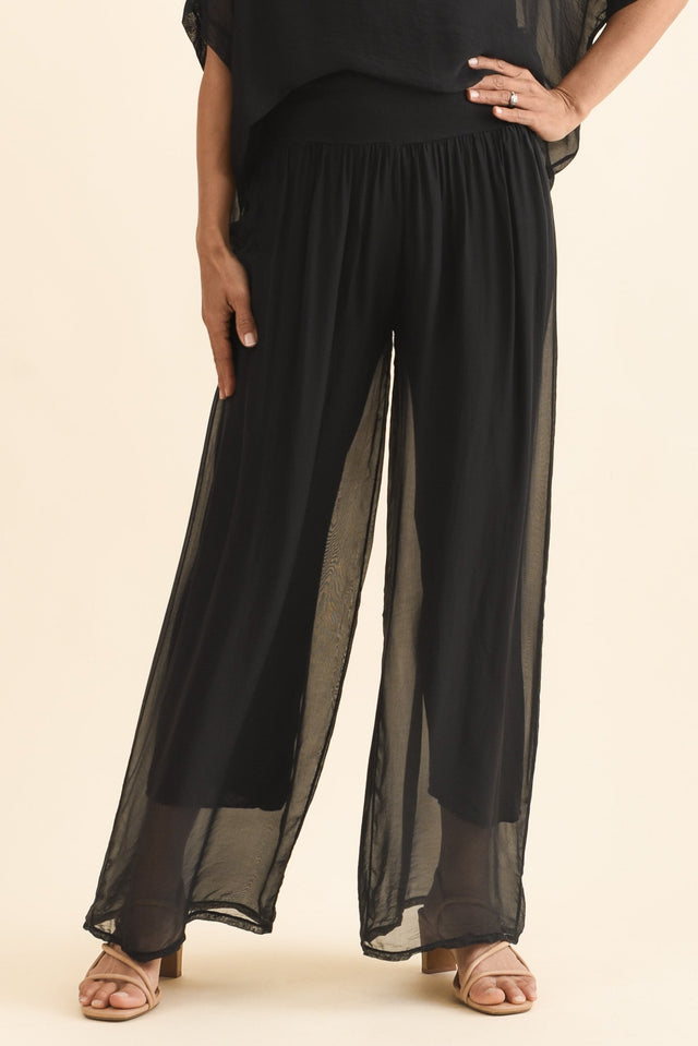 Mora Black Silk Layer Pants,Front,Brunette model,alt text|model:Cara image 1