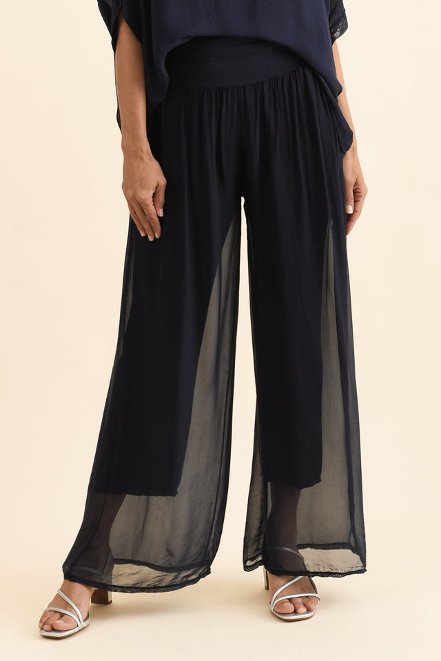 Mora Navy Silk Layer Pants,Front,Brunette model,alt text|model:Cara image 1