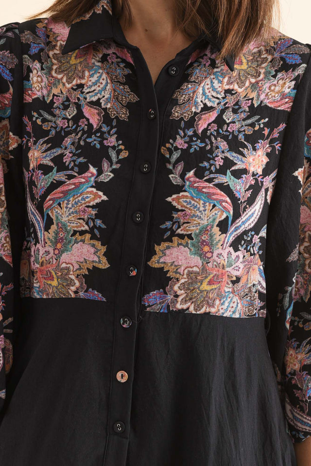 Moray Black Floral Shirt Dress,Detail,Brunette model,alt text|model:Cara image 5