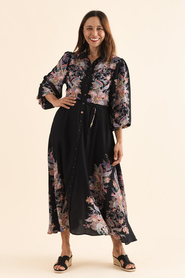 Moray Black Floral Shirt Dress,Front,Brunette model,alt text|model:Cara