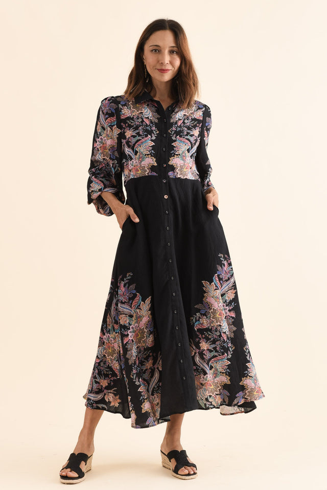 Moray Black Floral Shirt Dress,Full Body,Brunette model,alt text|model:Cara