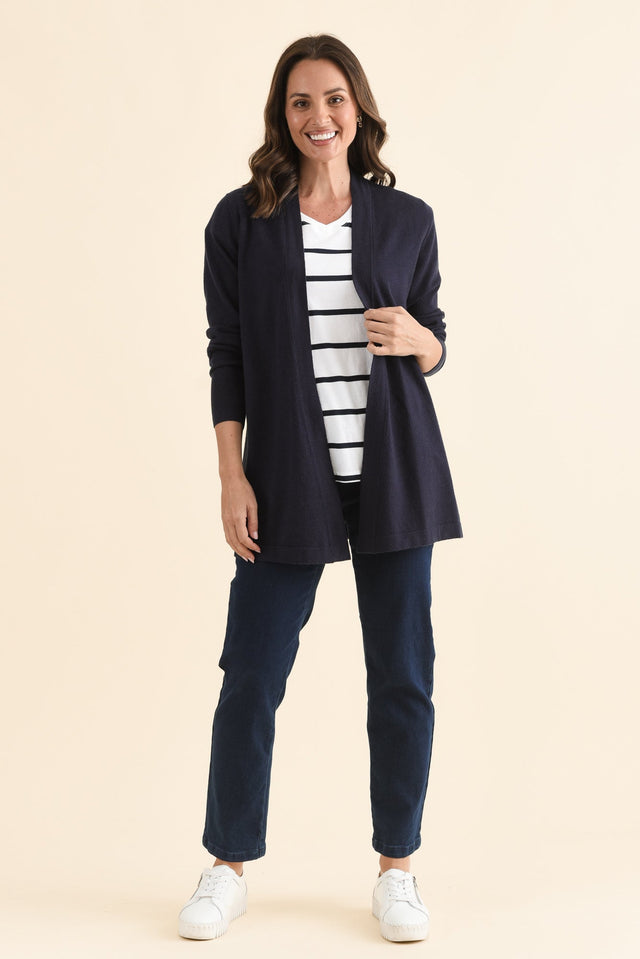 Morocco Navy Knit Cardigan,Full Body,Brunette model,alt text|model:MJ image 6