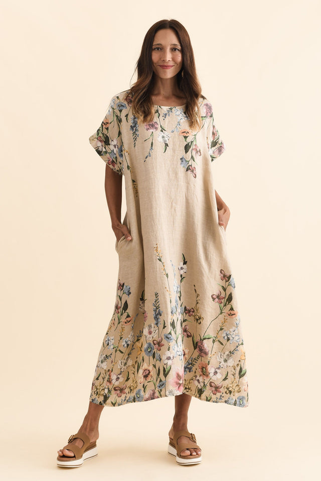Morrison Beige Floral Linen Pocket Dress,Brunette model,alt text|model:Cara image 3