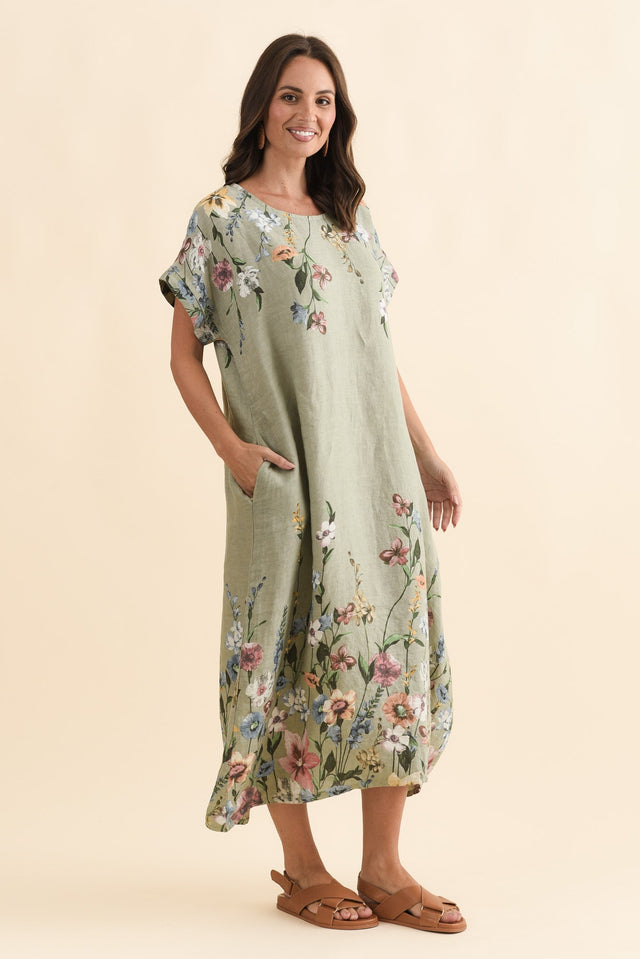 Morrison Sage Floral Linen Pocket Dress,Brunette model,alt text|model:MJ image 5