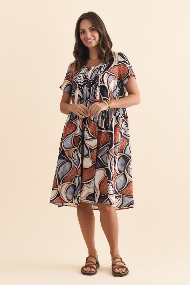 Murano Blue Abstract Cotton Dress,Brunette model,alt text|model:MJ image 3