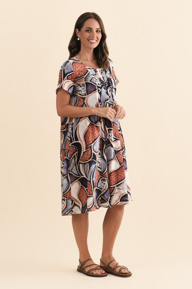 Murano Blue Abstract Cotton Dress,Brunette model,alt text|model:MJ image 4