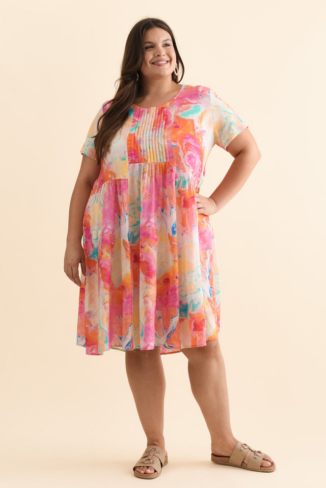 Murano Orange Abstract Cotton Dress,Brunette model,alt text|model:Gabby image 9