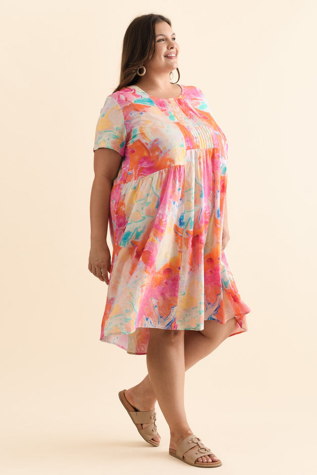 Murano Orange Abstract Cotton Dress,Brunette model,alt text|model:Gabby image 10
