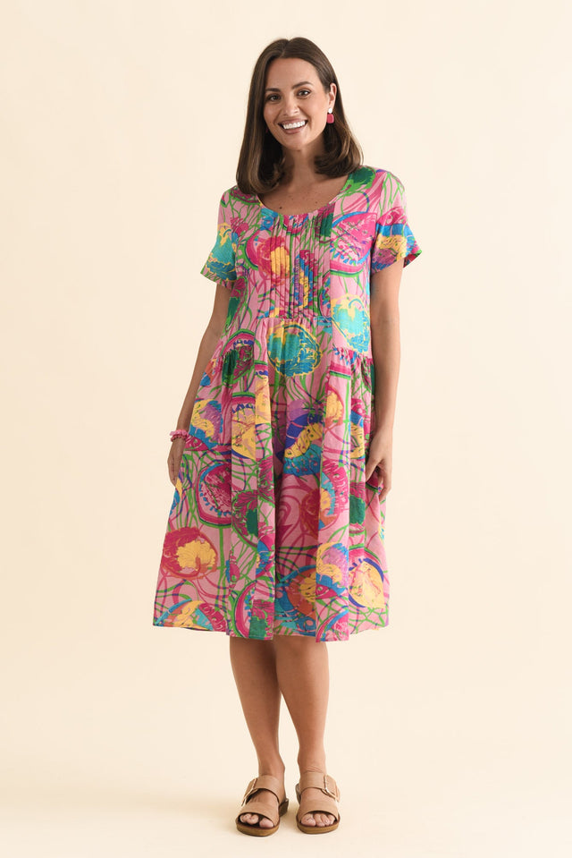 Murano Pink Tropical Cotton Dress,Brunette model,alt text|model:MJ image 4