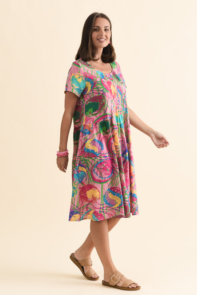 Murano Pink Tropical Cotton Dress,Brunette model,alt text|model:MJ image 5