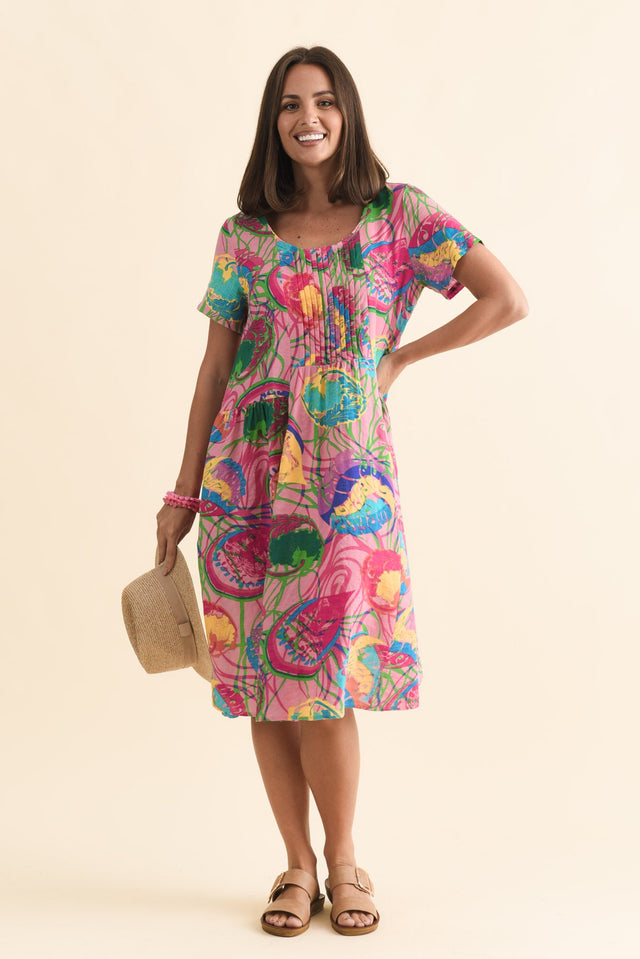 Murano Pink Tropical Cotton Dress,Brunette model,alt text|model:MJ
