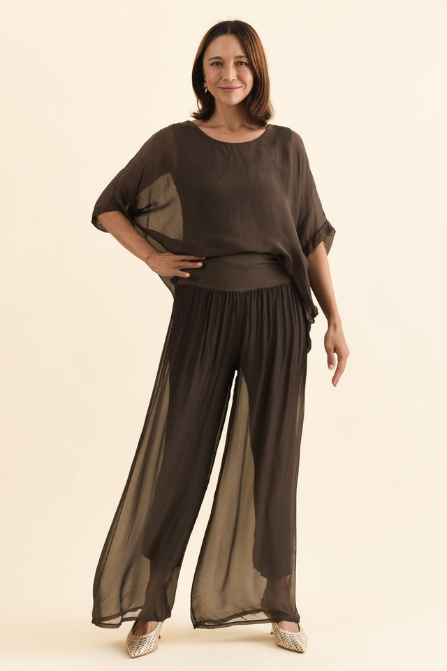 Mora Chocolate Silk Layer Pants,Full Body,Brunette model,alt text|model:Cara image 7