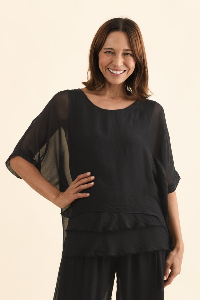 Myers Black Silk Layer Top,Front,Brunette model,alt text|model:Cara image 1