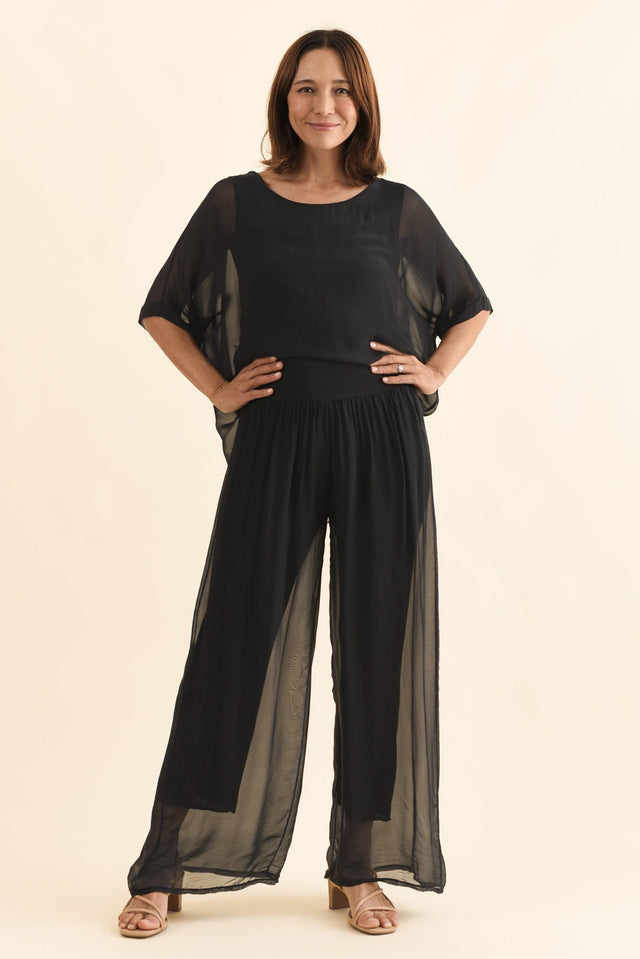 Myers Black Silk Layer Top,Full Body,Brunette model,alt text|model:Cara image 3