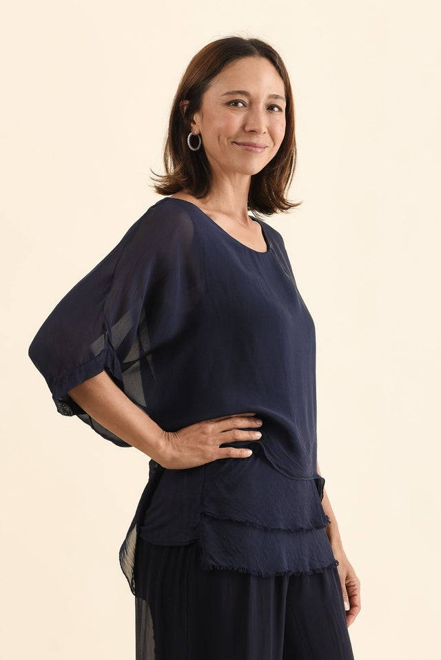 Myers Navy Silk Layer Top,Full Body,Brunette model,alt text|model:Cara image 3