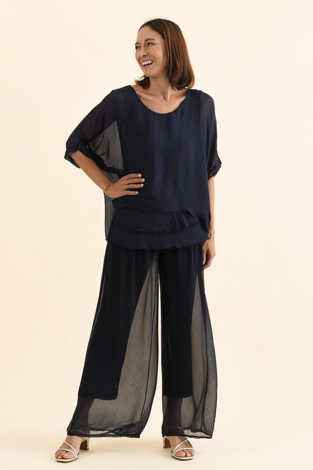 Myers Navy Silk Layer Top,Detail,Brunette model,alt text|model:Cara image 6