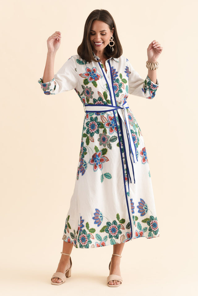 Myka White Floral Linen Cotton Shirt Dress,Brunette model,alt text|model:MJ image 3