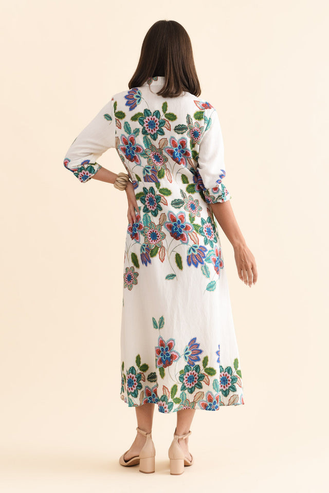 Myka White Floral Linen Cotton Shirt Dress,Brunette model,alt text|model:MJ image 5