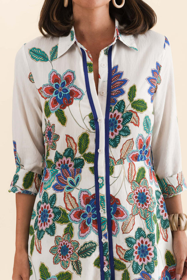 Myka White Floral Linen Cotton Shirt Dress,Brunette model,alt text|model:MJ image 6
