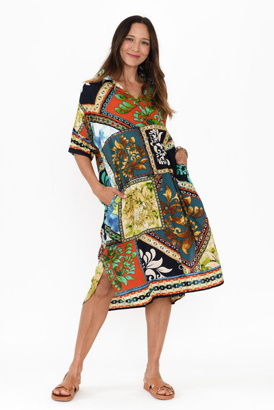 Myrtle Blue Mosaic Shirt Dress