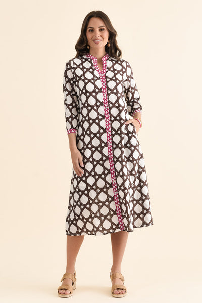 Nagala Chocolate Geo Cotton Tie Dress