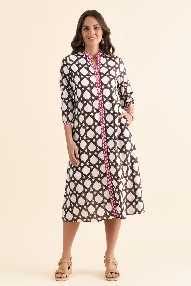 Nagala Chocolate Geo Cotton Tie Dress,brunette model,Front of Outfit,alt text|model:MJ