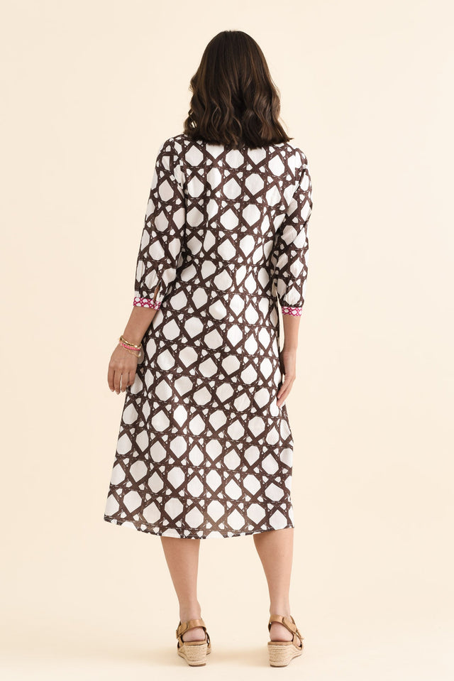 Nagala Chocolate Geo Cotton Tie Dress,brunette model,Back of Outfit,alt text|model:MJ image 4
