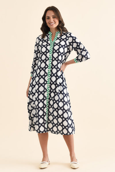 Nagala Navy Geo Cotton Tie Dress