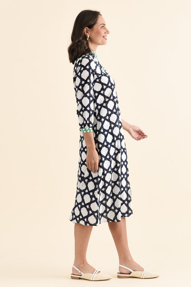 Nagala Navy Geo Cotton Tie Dress,brunette model,Side of Outfit,alt text|model:MJ image 3