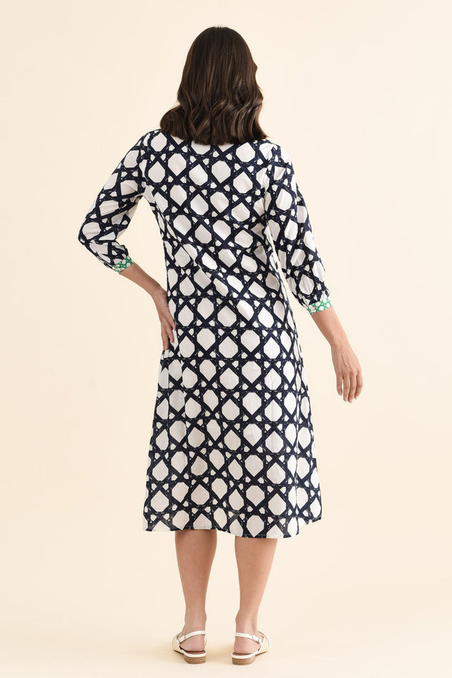 Nagala Navy Geo Cotton Tie Dress,brunette model,Back of Outfit,alt text|model:MJ image 4