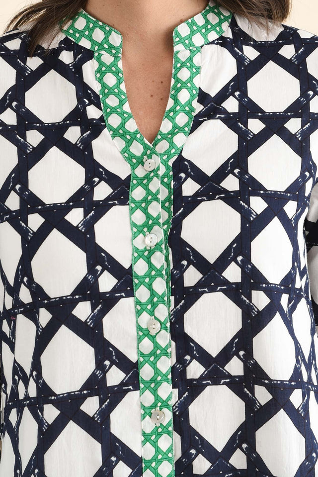 Nagala Navy Geo Cotton Tie Dress,brunette model,Close up of outfit,alt text|model:MJ image 5
