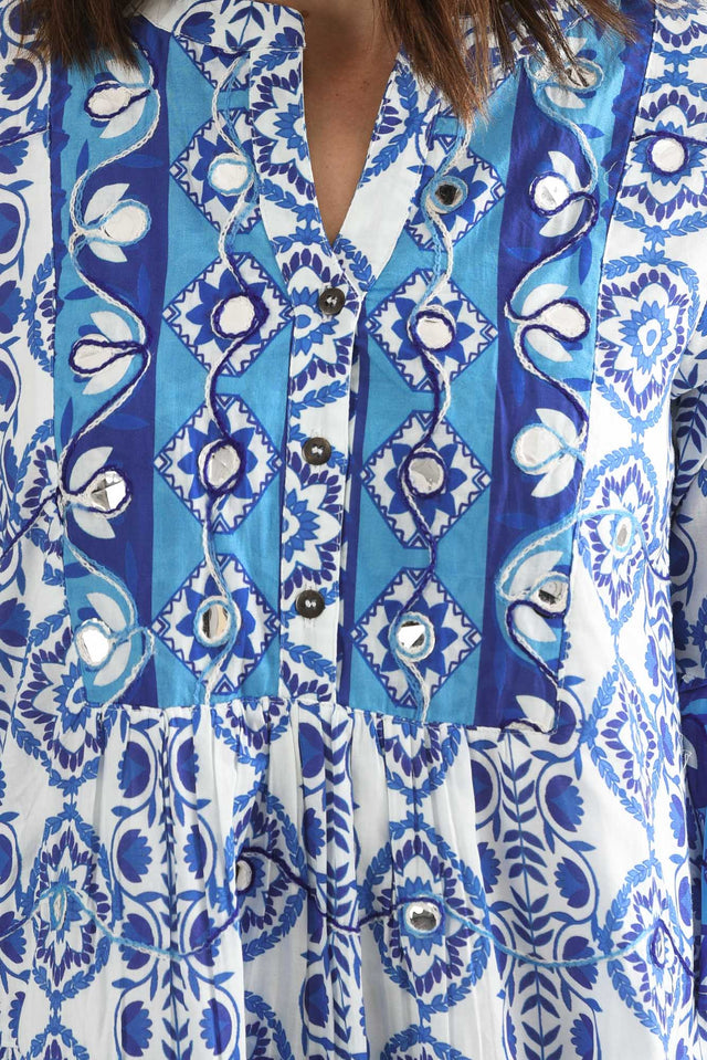Naja Blue Tile Cotton Pocket Dress,Detail,Brunette model,alt text|model:Cara image 5